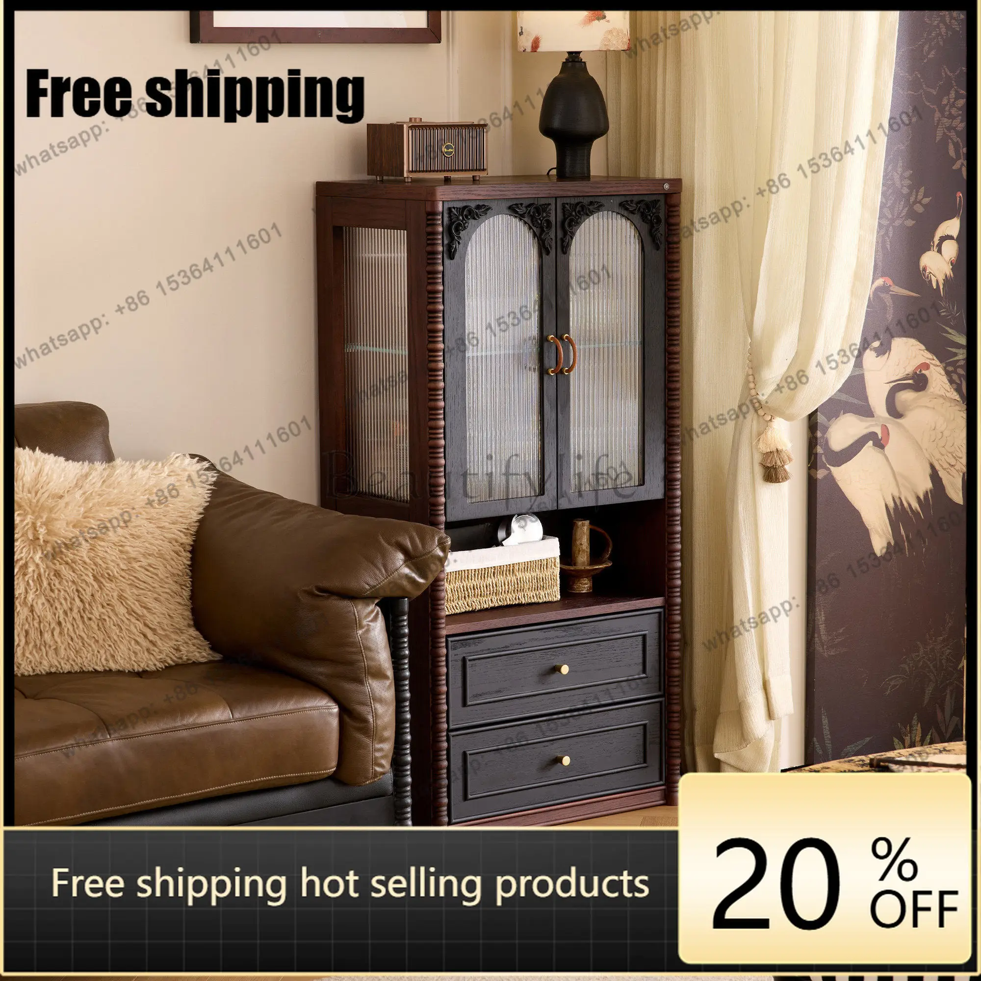 LD French retro solid wood dining side cabinet medieval glass display collection cabinet