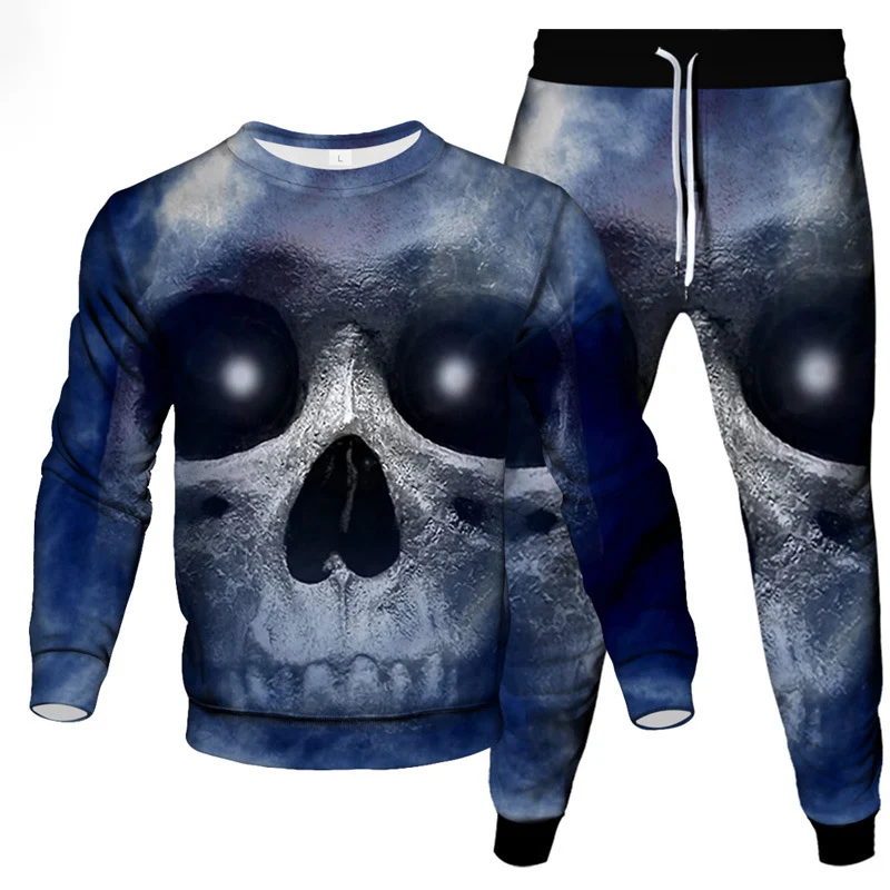 Fashion Skull Fire 3D Print Men\'s Sportswear Set Casual Long-Sleeved T Shirt Pants 2-Piece Set Oversized Pullover Men Clothing