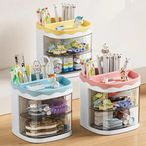 Practical Multi-Functional Desk Organizer Pen Holder Double Layers Rotating Pencils Storage Rack Student Cosmetics Storage Shelf