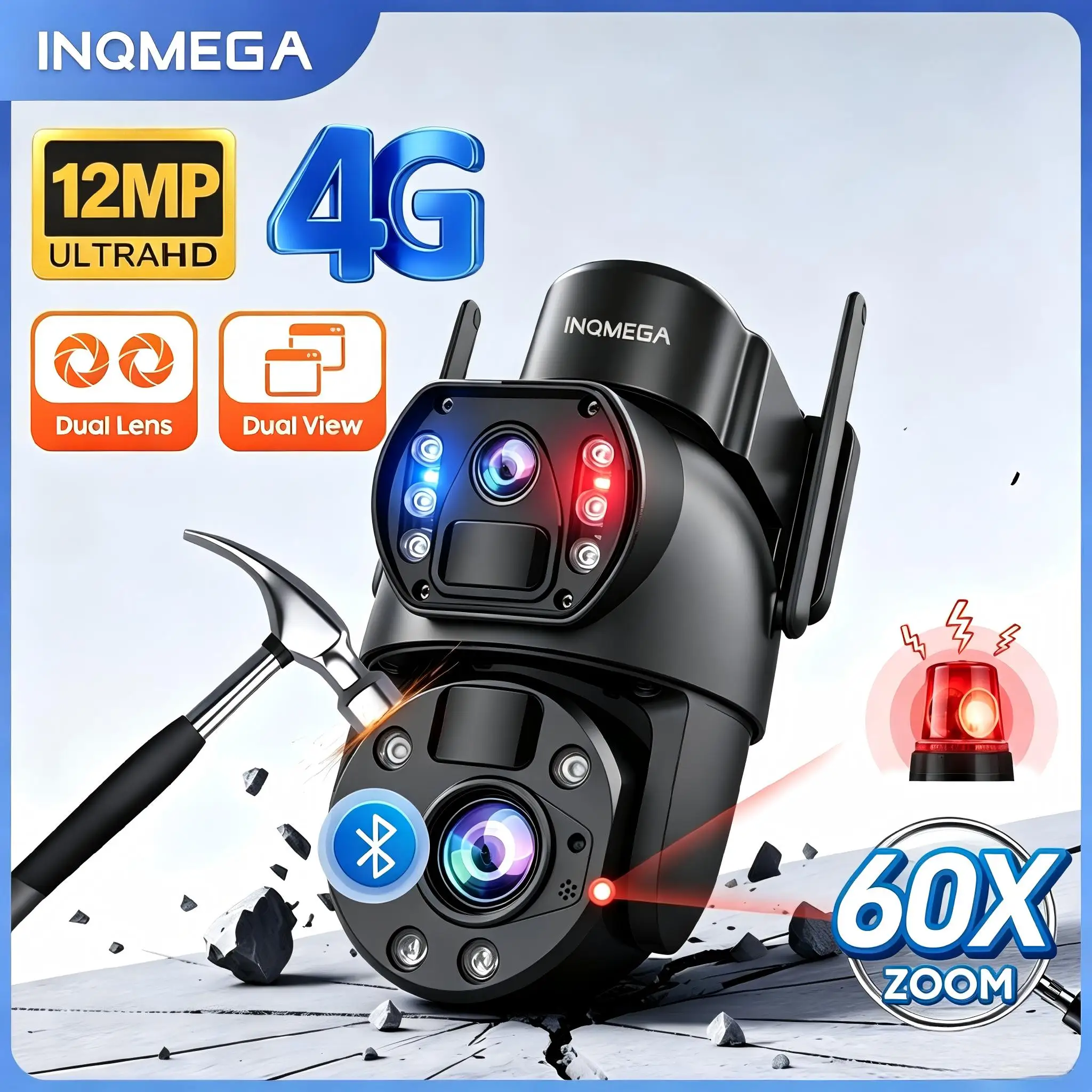 Caméra solaire INQMEGA 4G Sim 6K 12MP avec zoom 60X, double objectif, enregistrement, suivi humanoïde, caméra extérieure WIFI, métal, étanche, application Ubox