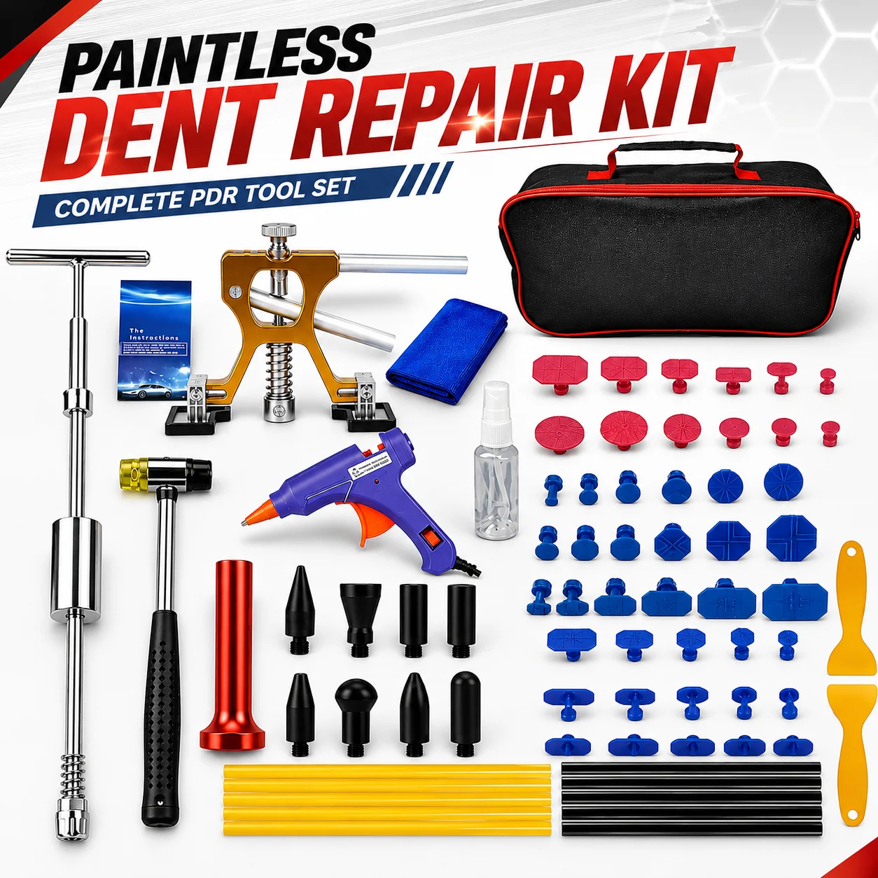 68Pcs Auto Body Dent Repair Kit With T-Bar Golden Dent Puller For Auto Body Dent Removal Minor Dent And Deep Dent Removal