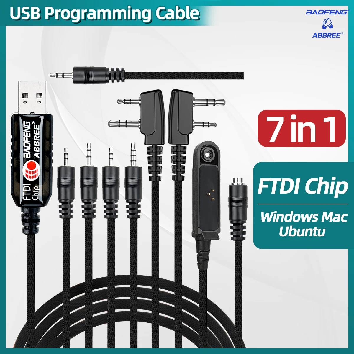 ABBREE 7 In 1 FTDI USB Programming Cable for Baofeng UV-5R UV 5RH 21 PRO Quansheng UV-K5 UV-K6 Motorola Ham Radio Walkie Talkie