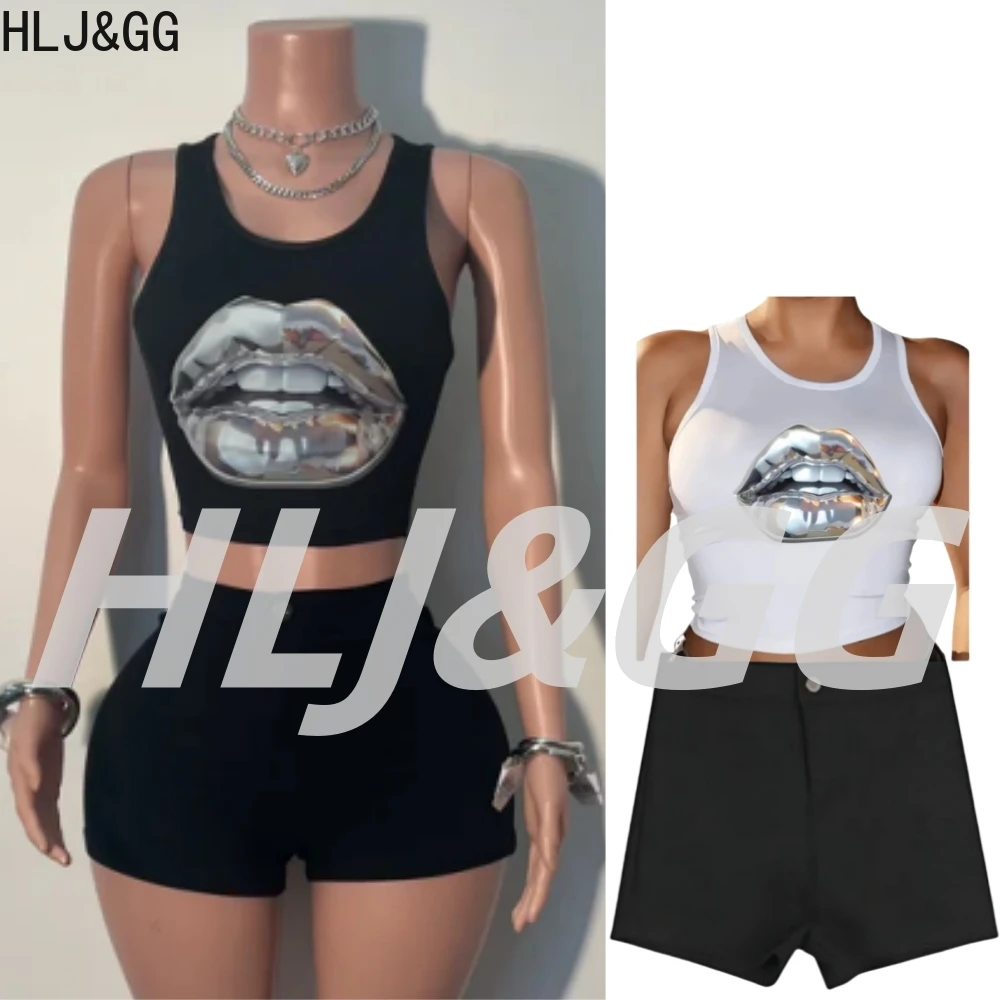 

HLJ&GG Fashion Y2K Pattern Tank Top Two Piece Sets Women O Neck Sleeveless Slim Crop Tshirts And Button Shorts Outfit Streetwear