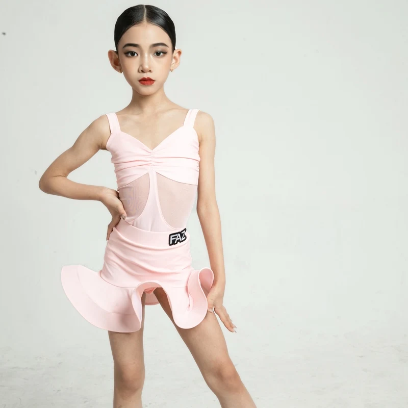 Rosa Latin Dance Anzug Sommer Ärmellose Leistung Tanz Kleid Mädchen Rüschen Rock Kinder Rumba Cha Cha Bühne Kostüm AMY1790
