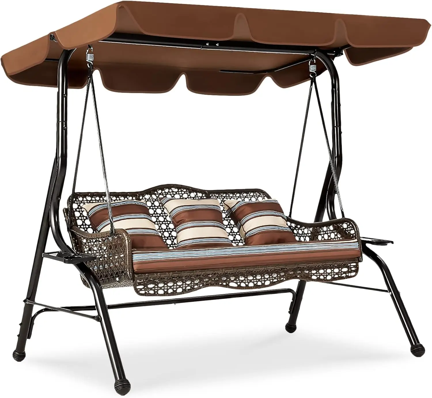 

AECOJOY 3-Seat Proch Swing Chair, Patio Swing with Canopy, 2 Side Trays, 3 Pillows & Removable Cushion, Patio Wicker Swing