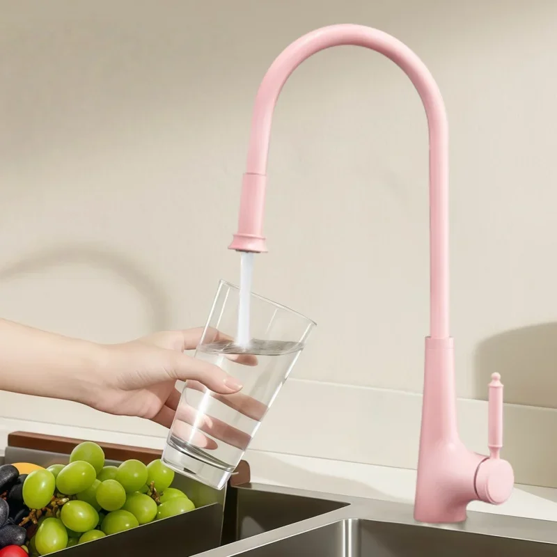 Pink Pull-Out Kitchen Stainless Steel Sink 360 Sink Rotating Outlet Mixed Faucet Hot And Cold Faucet