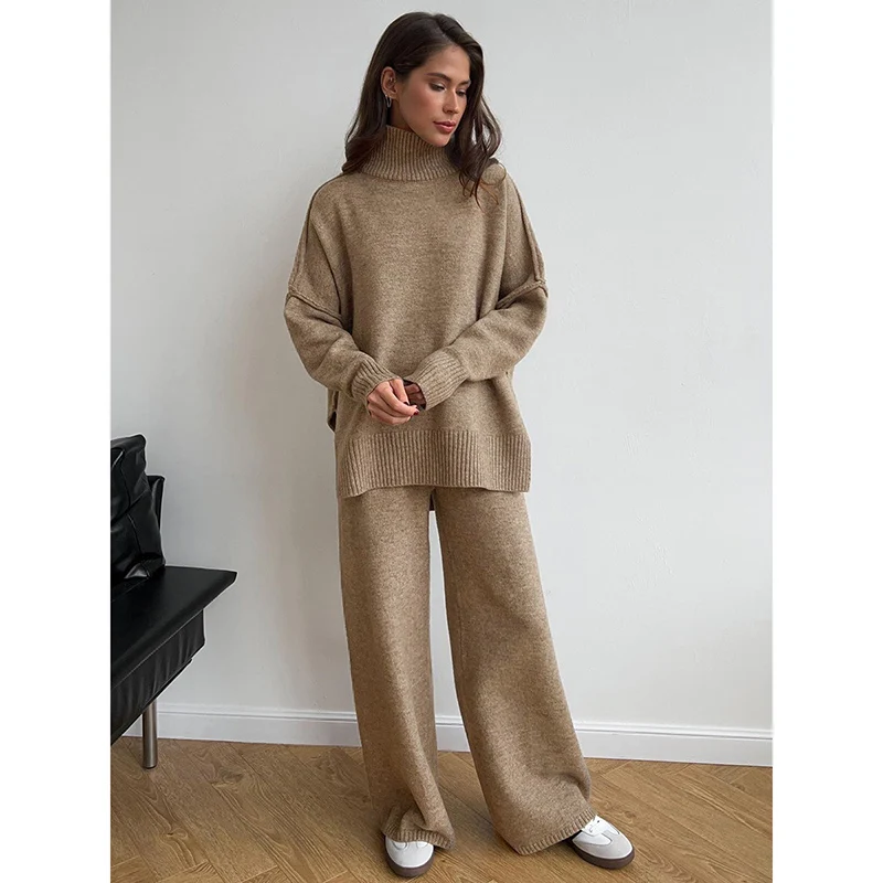 

Осенне-зимний женский вязаный топ с высоким воротником, комплект женских теплых зимних утепленных топов, удобные вязаные широкие брюки для девочек