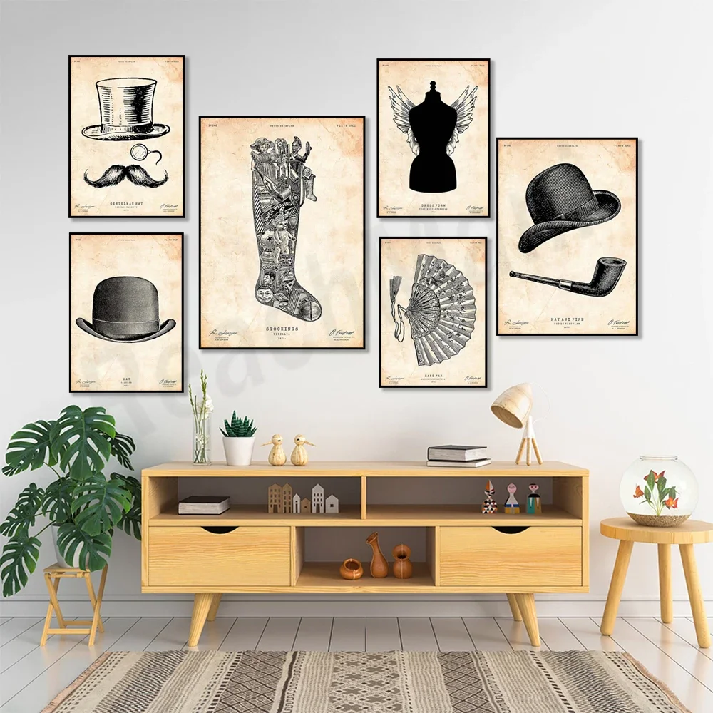 Retro top hat, mustache decoration, Christmas stocking print, tailor gift, Japanese art hand fan poster, old world decoration,