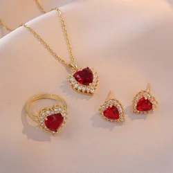 Sweet Romantic Love Studded with Zircon Ruby Earrings Ring Necklace Stainless Steel Accessories