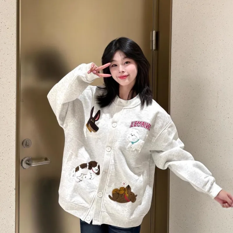 Cartoon Dog Towel Embroidery Single Breasted Sweatshirt for Women Spring Autumn New Lazy Style Loose and Versatile Tops Jackets