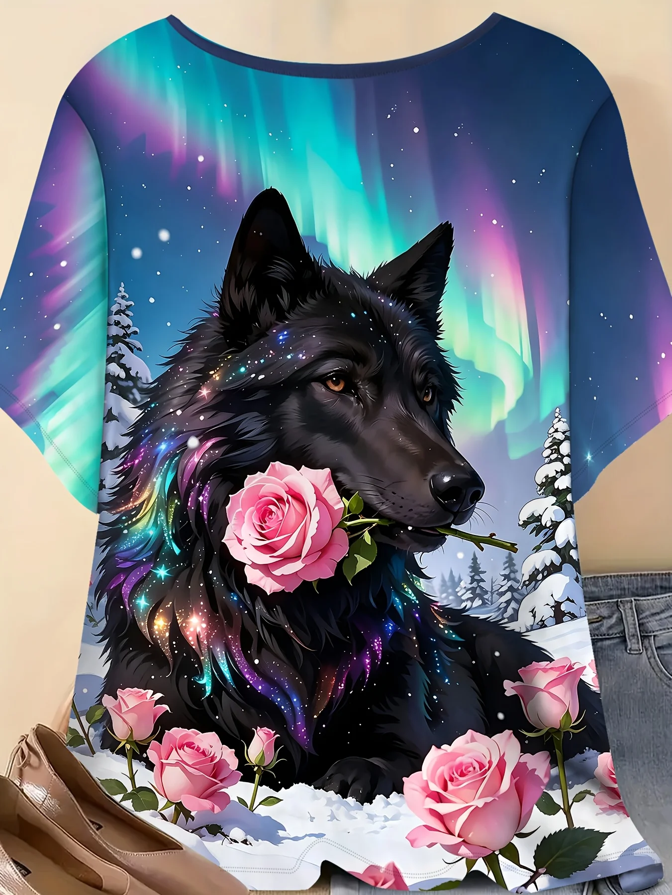 Women T‑Shirt 3D Black Wolf With Pink Rose Aurora Borealis Snow Winter Animal Print Short Sleeve Casual Tops