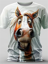 Camiseta masculina e feminina de manga curta com estampa animal cavalo, camiseta gráfica engraçada, tops casuais, streetwear infantil, nova moda, 2024