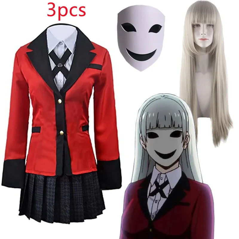 Disfraz de Anime Kakegurui Momobami Ririka, uniforme rojo compulsivo, uniforme escolar, peluca, traje de falda corta, tendencia 2024