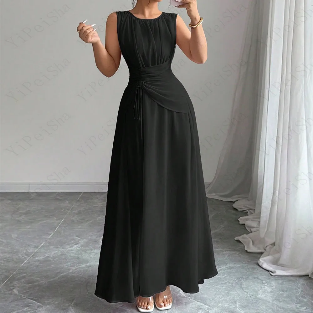 Maßgeschneiderte A-Linie-Abschlussballkleider, knöchellang, O-Ausschnitt, ärmelloses Abendkleid, schlichtes, modisches, drapiertes, lässiges Partykleid