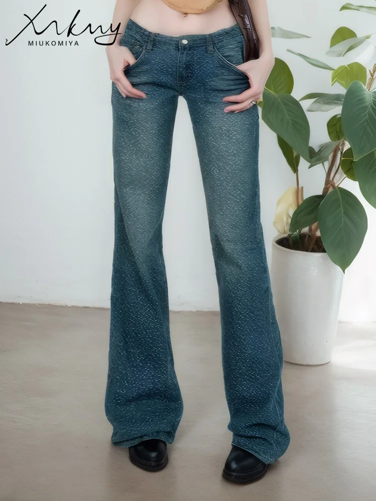 MiuKoMiYa Women Flared Jeans Low Waist Blue Long Denim Pants For Ladies Spring Summer Vintage Slim Low Rise Jeans Flare Woman