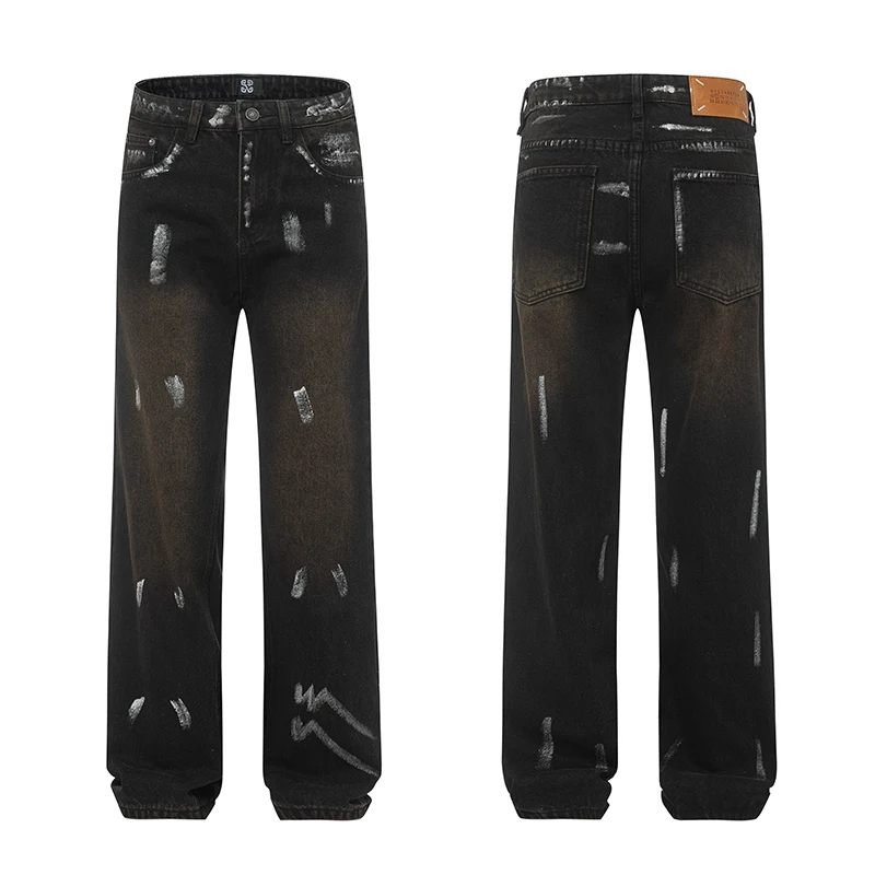 Jeans preto reto solto masculino, grafite personalizado pintado à mão, jeans preto coreano da moda, casal com modelos, novo, outono