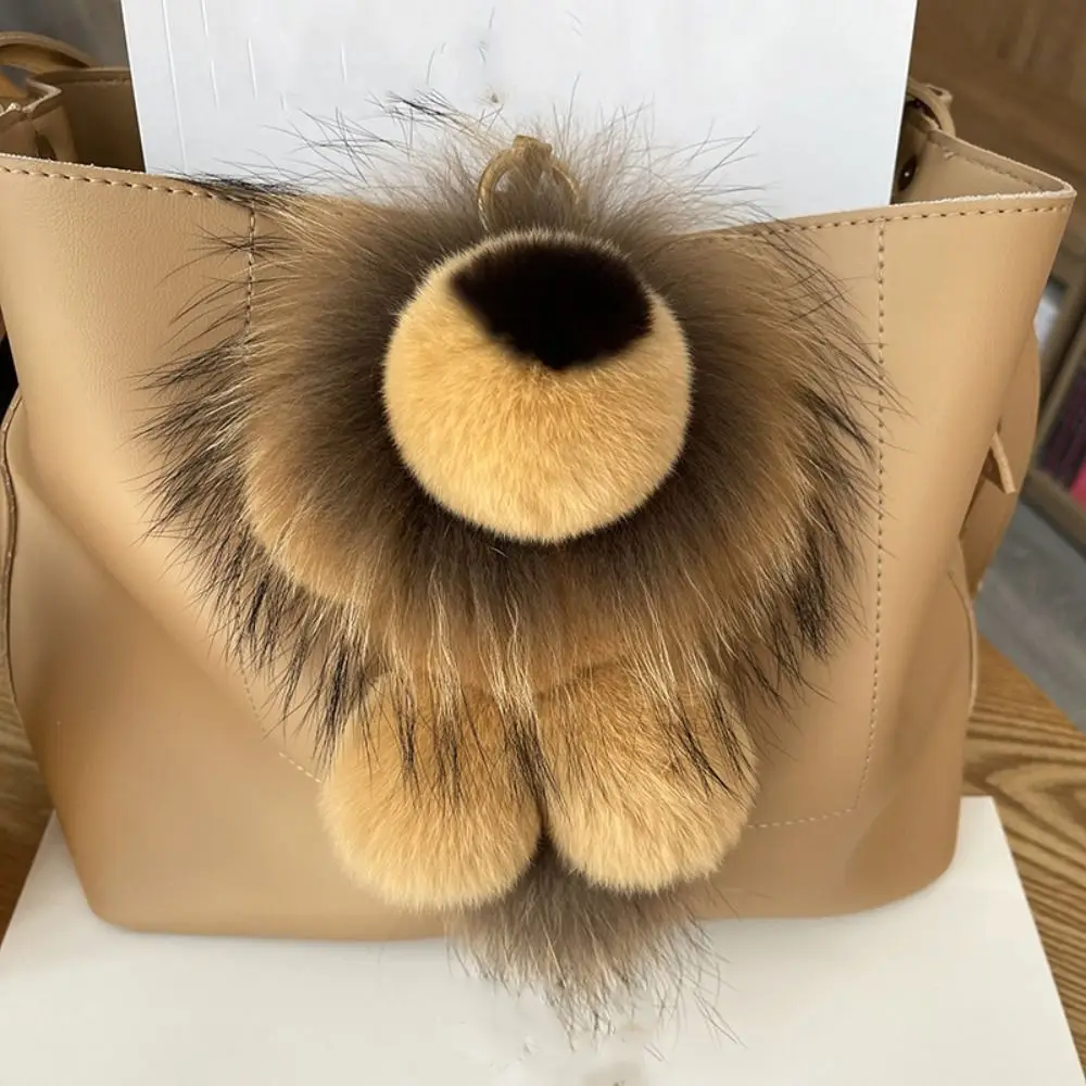 Simpatico portachiavi con ciondolo a forma di leone piccolo simpatico cartone animato in vera pelliccia di coniglio Rex borsa ornamenti portachiavi per auto cinturino in pelliccia regalo di peluche per bambini