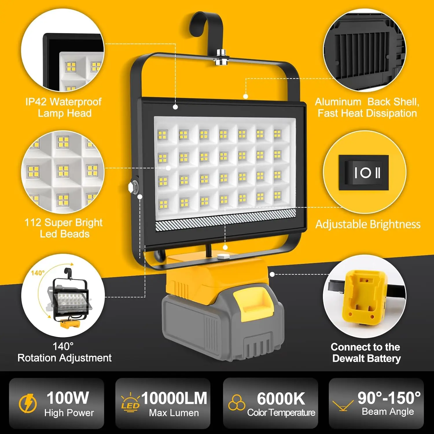 48W/60W/100W Portable LED Work Light Rechargeable LED Flood Light for Dewalt 18V-20V Li-ion Battery Cordless Work Light 6000k