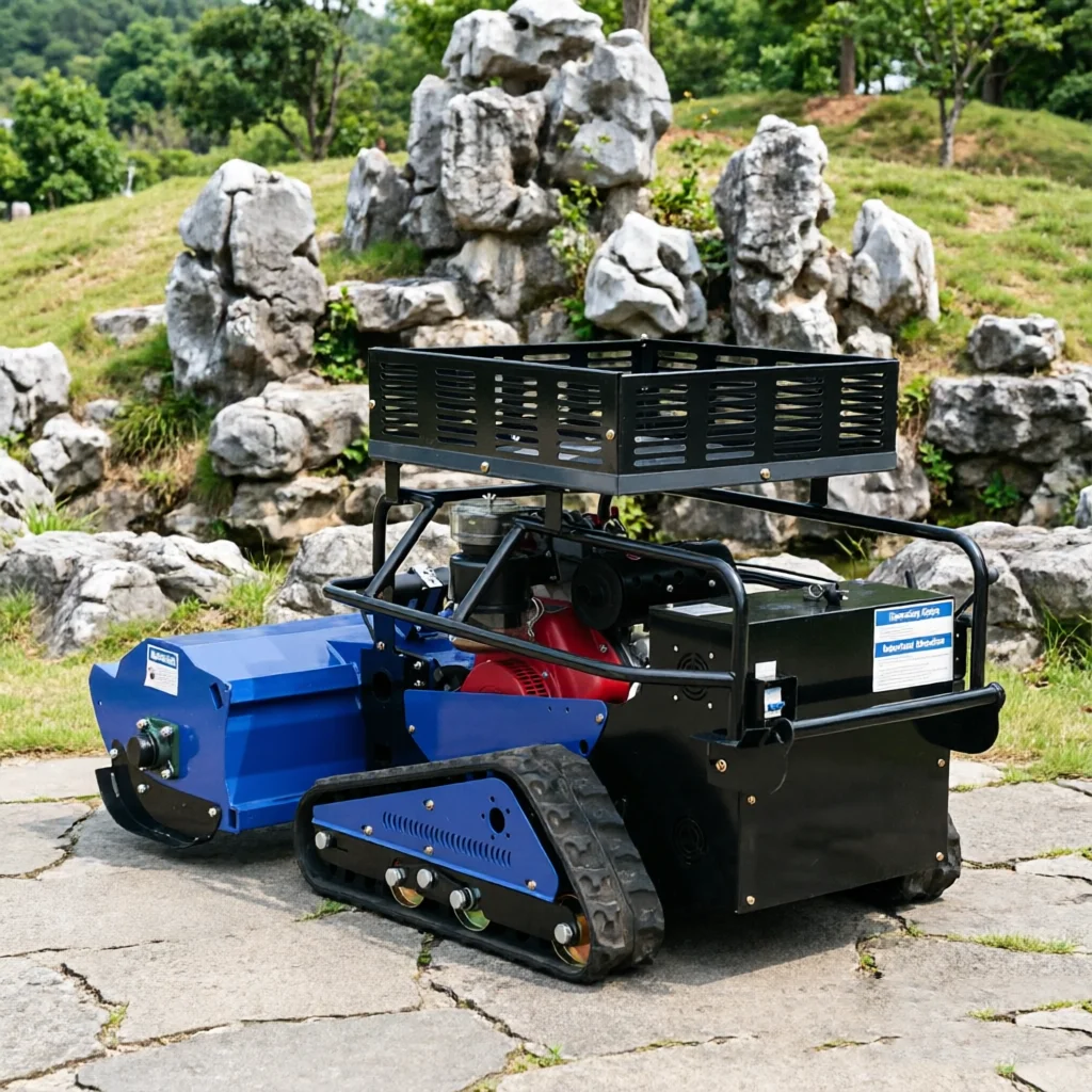 Customized household multi-function crawler mowing device with detachable snow shovel attachment for year-round lawn and snow cl