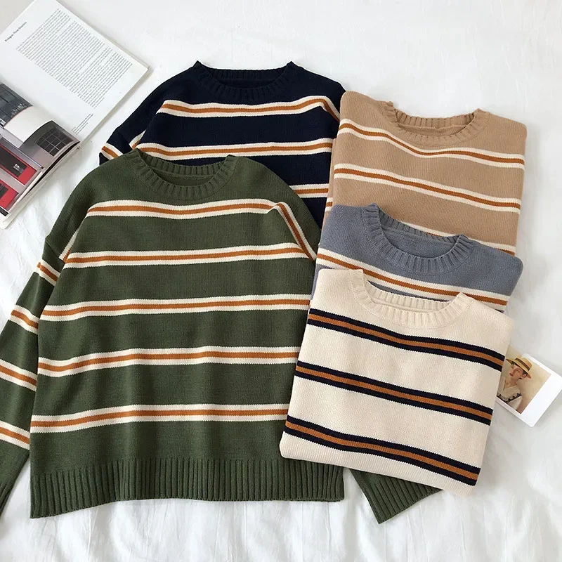 Gagaok Striped Sweater Women Spring Autumn New Vintage O-Neck Full Knitted Sweaters Loose Casual Outwear Wild Pullovers