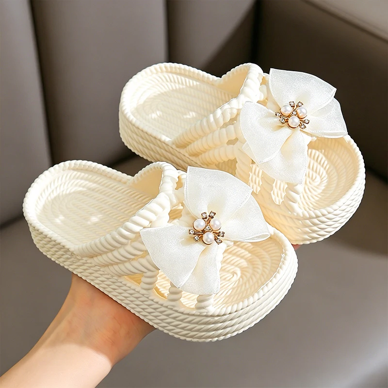 Süße Prinzessinnen-Sandalen für Mädchen mit Spitze und Perlen-Schleife, Gewebte Ausgehöhlte Dicke Plattform Rutschfeste Sommer-Pantoffeln – Detail 8
