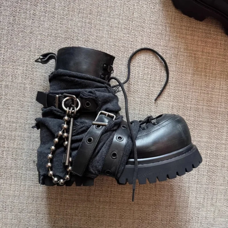 Black Dark Industry Short Boots Punk Short Boots for Men and Women Thick Soled Tall Short Boots Bundled Metal High Top Shoe