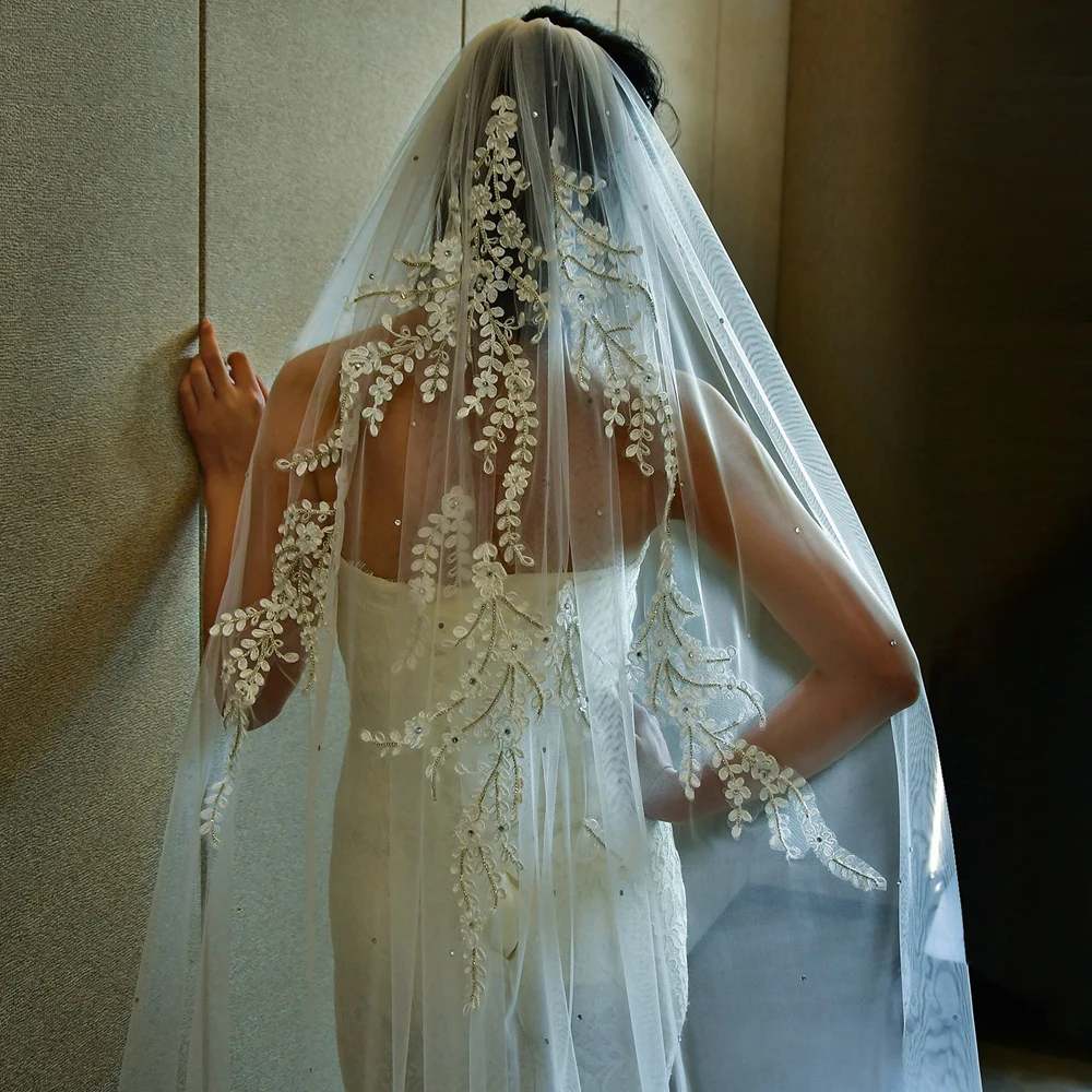 Velo de novia con incrustaciones de flores y diamantes, tocado de boda, BL4046