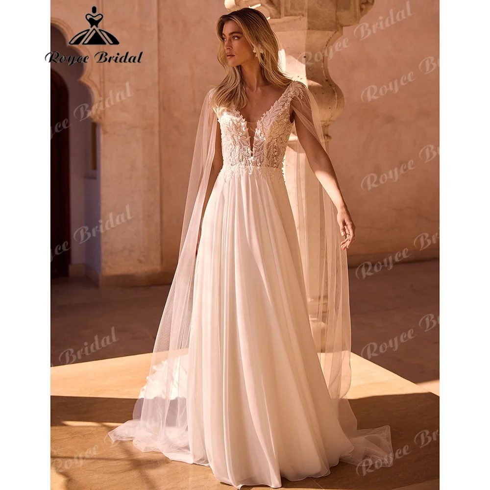 Deep V Neck A Line Wedding Dress With Tulle Cape Beaded 3D Floral Lace Appliques Soft Chiffon Boho Vestido De Novia Customized