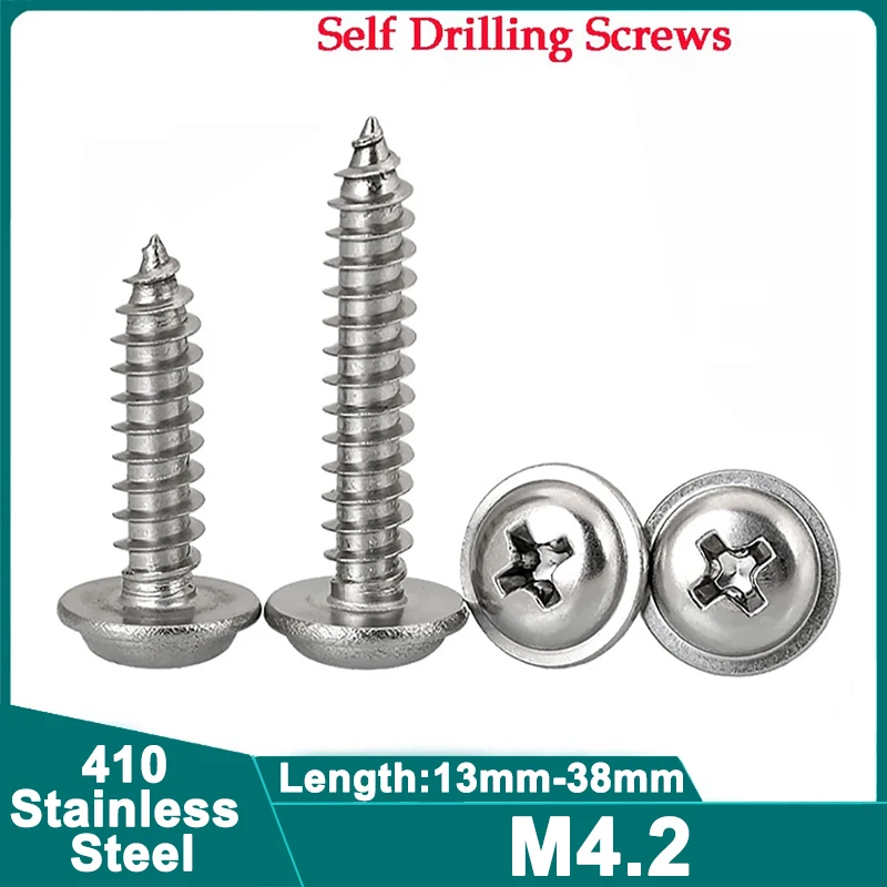 100PCS #8 M4.2 Self-Tapping Screws 410 Stainless Steel Round Flat Head Cross High-Strength Quick Self-Drilling Screws Hardware