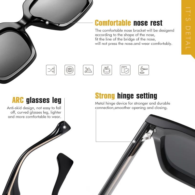 Top Quality Thick Crystal Rivet Square Sunglasses Women Polarized Driving Glasses Men Elegant Oversized lunette de soleil femme