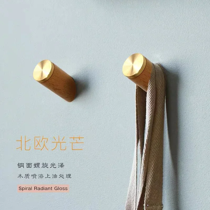 Nordic Cylindrical Wood Wall Mounted Hook Brass Walnut WoodenTowel Hooks For Bathroom Clothes Coat Hanger Bedroom Door Rack