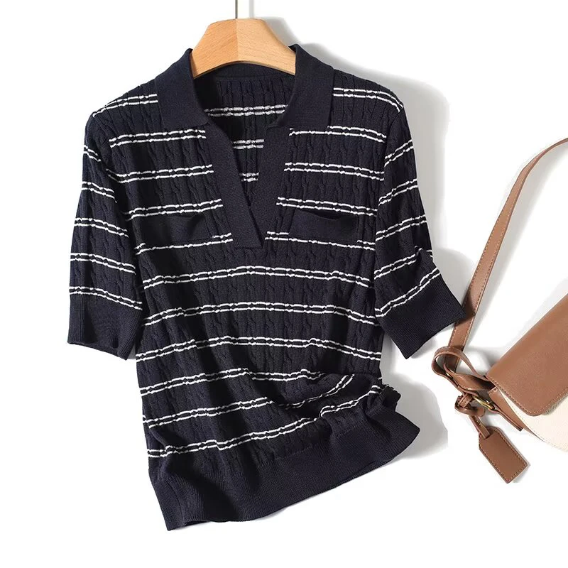 

YENKYE Vintage Navy Blue Striped Short Sleeve Pullover Sweater Women Lapel Collar Casual Autumn Knitwear Tops