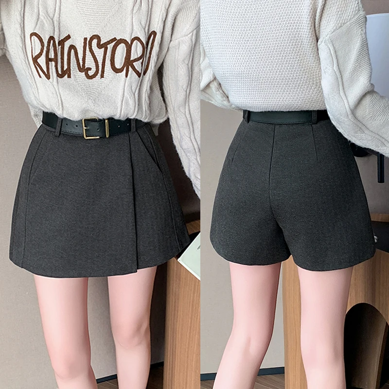 Irregular Woolen Skirt Shorts Women Clothing 2024 Autumn Winter New Woolen A-line Skirt Short Pants Belted High Waist Outerwear