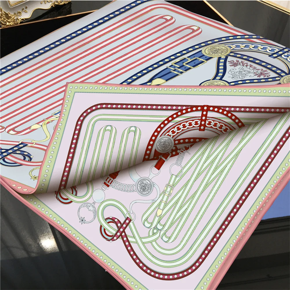 POBING Manual Hand Rolled Twill Silk Scarf Women Melt Chain Double Print Square Scarves Wraps Echarpes Foulards Femme Hijab 90CM