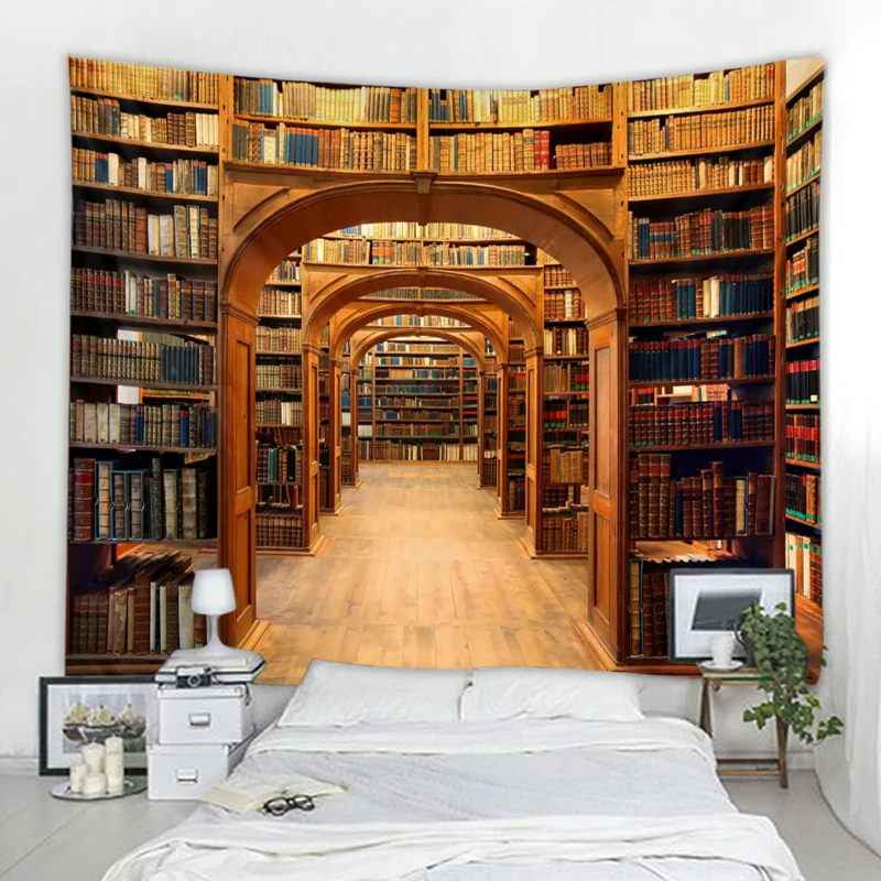 Art Wall Hanging Mystery Library Tapestry Vintage Bookshelf Digital Printing  Whole Book