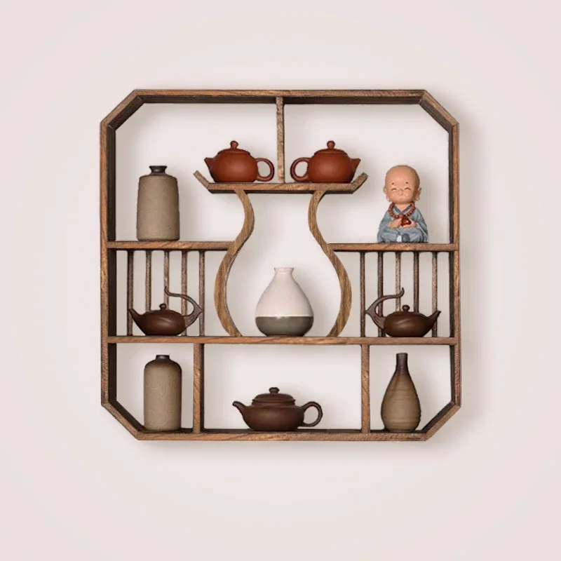 Solid Wood Wall-Mounted Tea Shelf Hanging Tea Set Teacup Rack Decorative Wall Organizer Home Decor