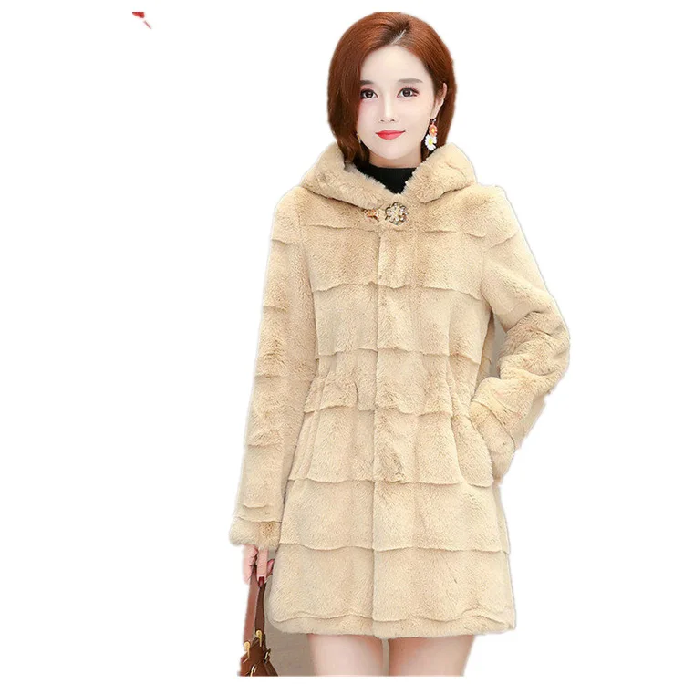 معاطف نسائية من فرو المنك الصناعي سترات متوسطة الطول مع قلنسوة وأكمام طويلة واحدة الصدر سميكة دافئة من الفرو غير رسمية لخريف وشتاء 2025 #5