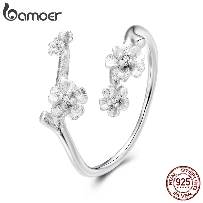 BAMOER 925 Sterling Silver Plum Blossom Open Ring Winter Flower Adjustable Ring with Frosted Texture for Women Elegant Gift