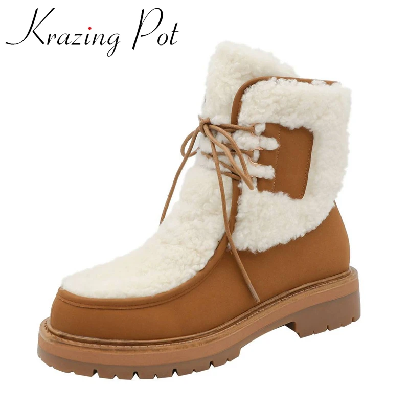 Krazing Pot Cow Split Leather Plush Round Toe Med Heels Keep Warm Snow Boots Splicing Mixed Colors Causal Cross-tied Ankle Boots