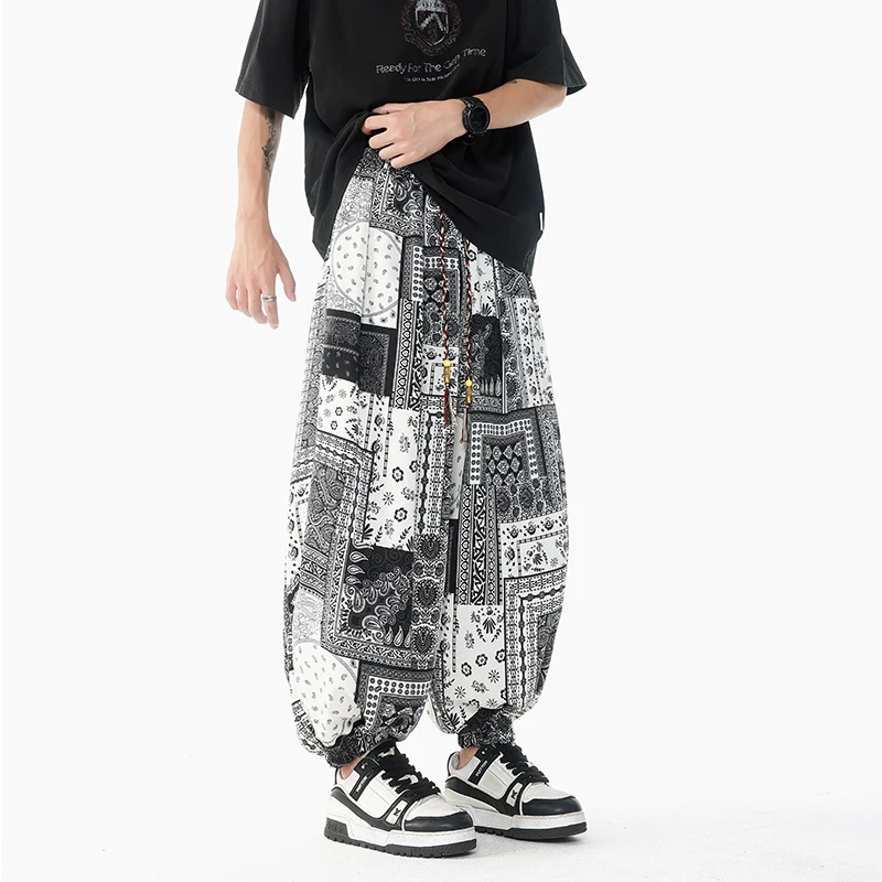 Men Chinese Style Printed Lantern Harem Pants men Elastic Waist Cuffed Ankle Casual Loose Fit Fashion Printed Design Trendy