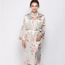 Home sleepwear, women's simulated silk, rice, orchid print, medium to long length nightgown, sexy sleepwear, home wear