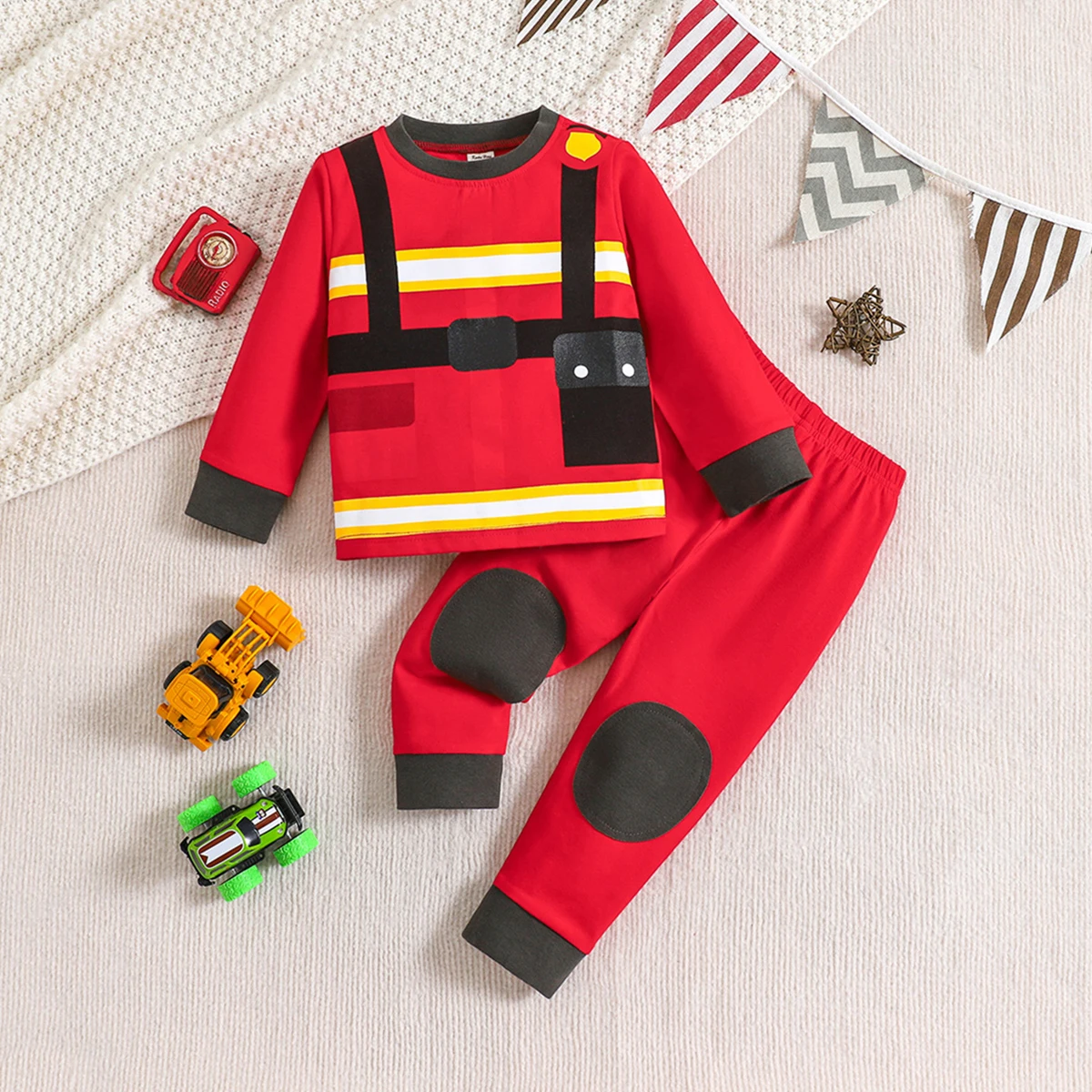 Boys 2-piece Trendy Pajama Sets Fireman Uniform Pattern Round Neck Long Sleeve Top & Matching Pants Comfy Casual PJ Sets