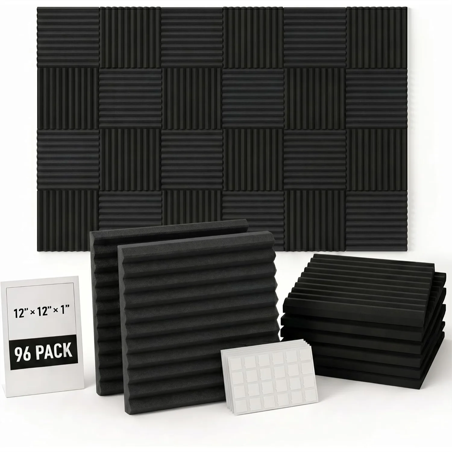 Acoustic Foam Panels 12x12x1 inch Wedge Soundproofing Tiles for Studio with Double-Sided Tape 96 Pack