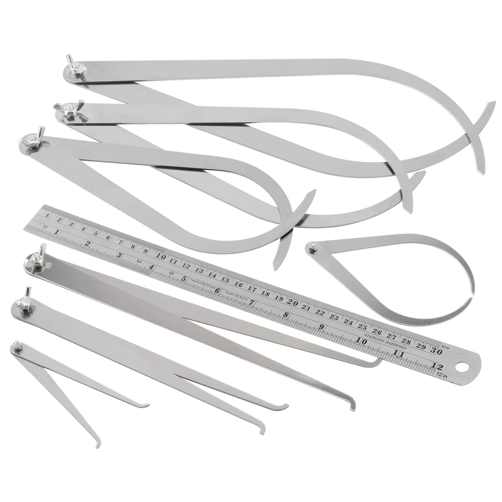 8 pcs Stainless Steel 4 / 8 / 10 / 12 inch Bent Leg Calipers & Inside Calipers for Modeling / Carving with Straight Ruler