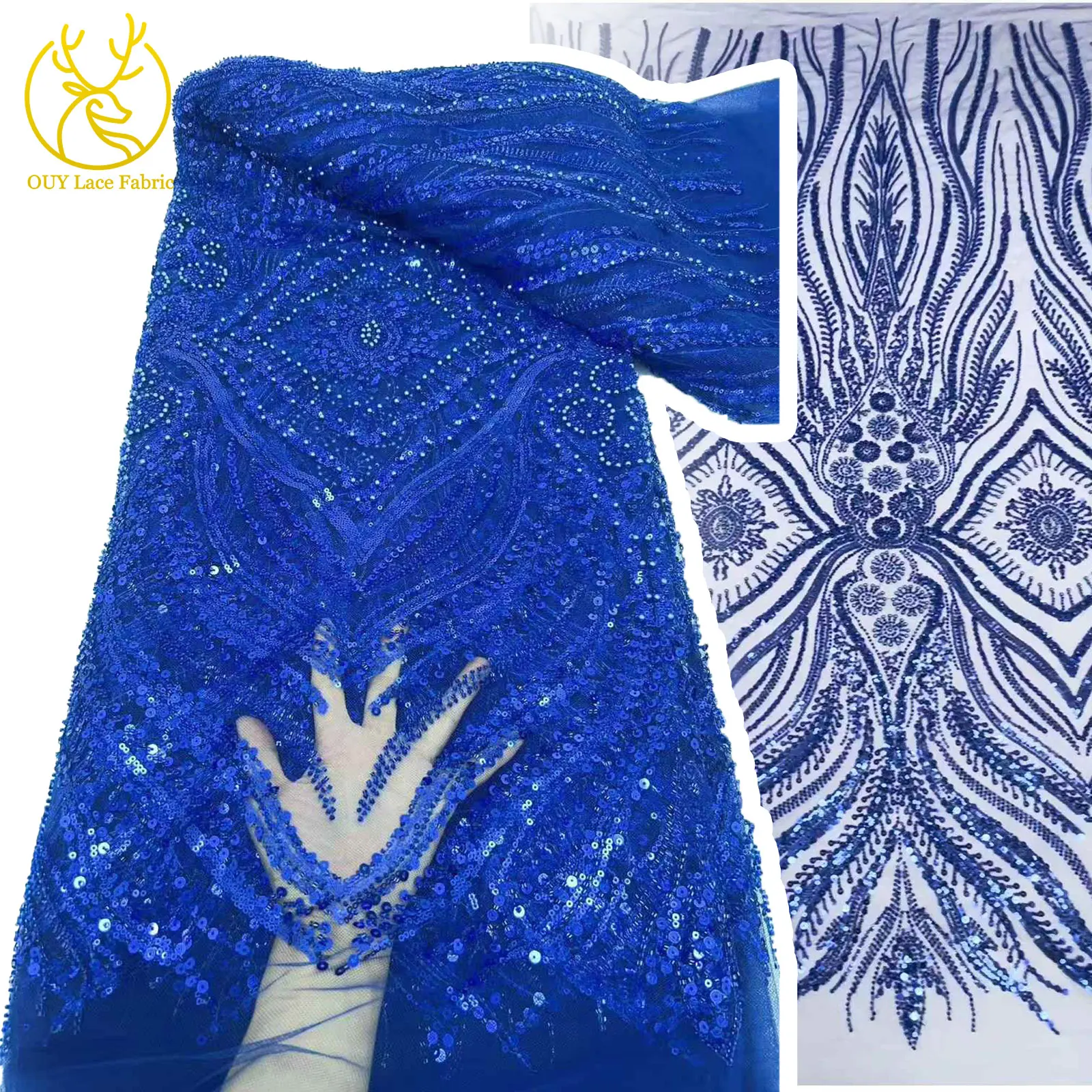 

For Wedding Blue Sequin Tube Beaded Lace Fabric 2025 New Design French African Hand Beaded Tulle Mesh Lace Party Evening Gowns