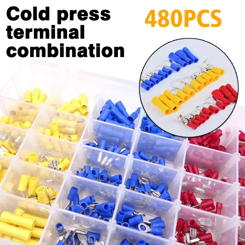 480PCS 12-Size Insulated Wire Crimp Terminals Assorted Spade Connectors Kit