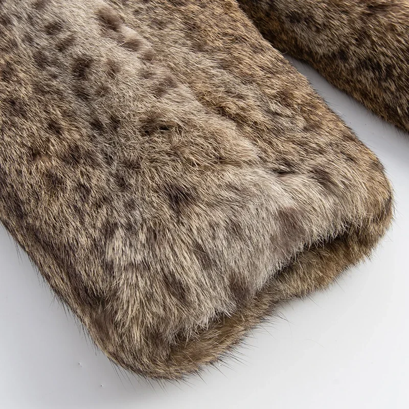 Abrigo de piel de conejo con cuello levantado para mujer, abrigo clásico con estampado de leopardo, elegante, largo medio, cálido, 2024