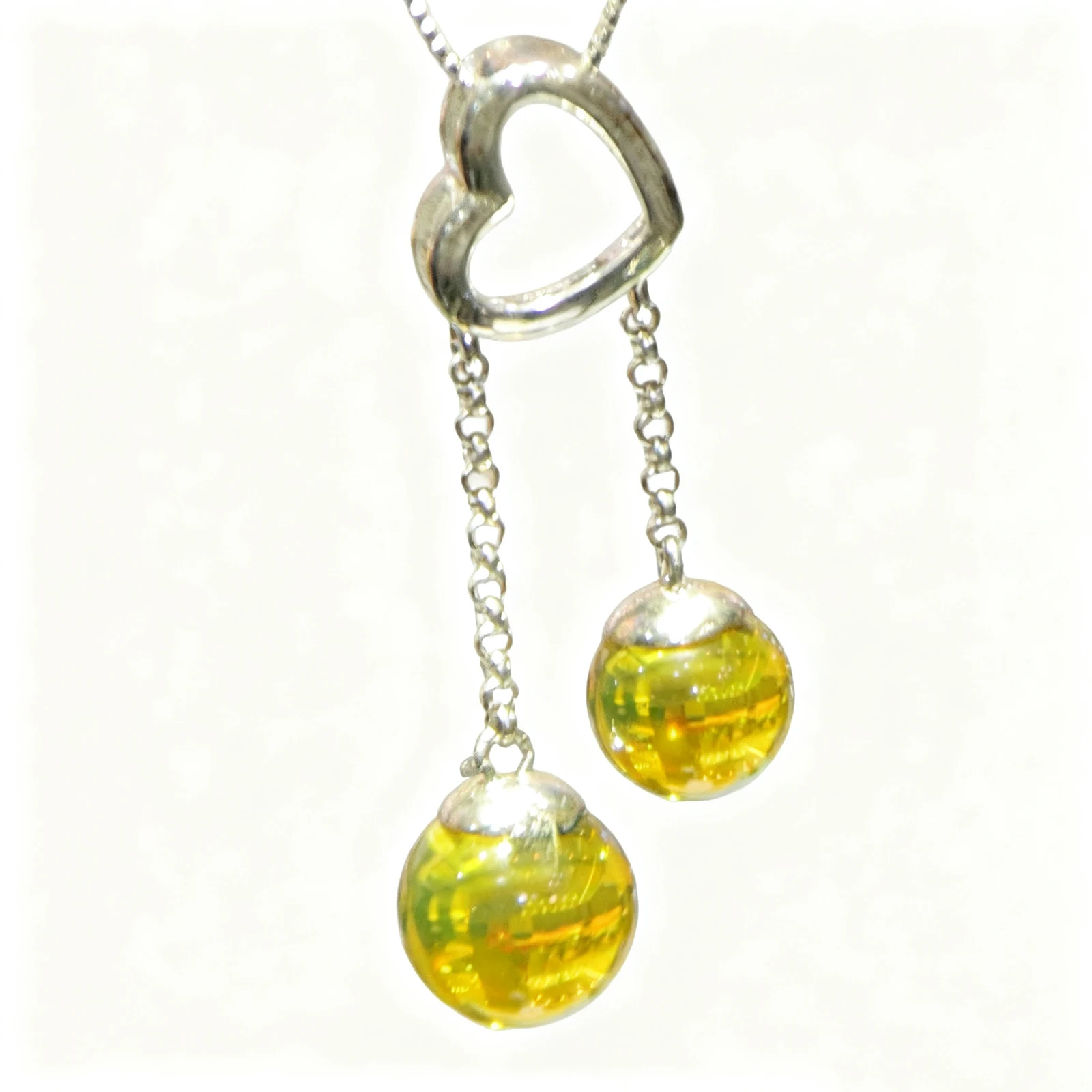 Natural Mexican Blue Amber Pendant Sterling Silver Necklace Heart Shape 7mm 9mm Beads