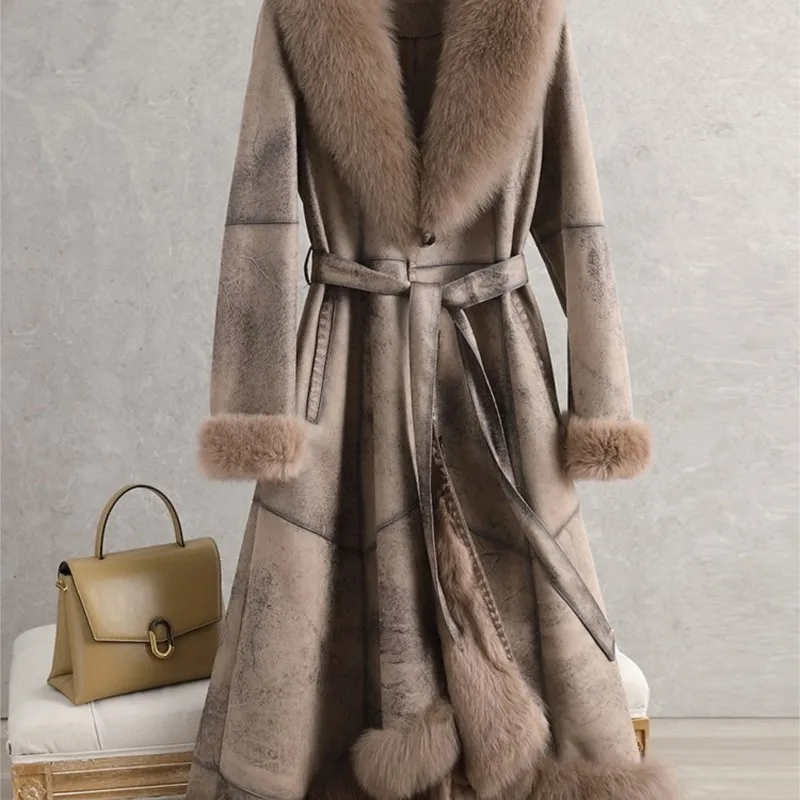 Haining imitation fur coat one women's mid-length over the knee hair collar slim-fit belt