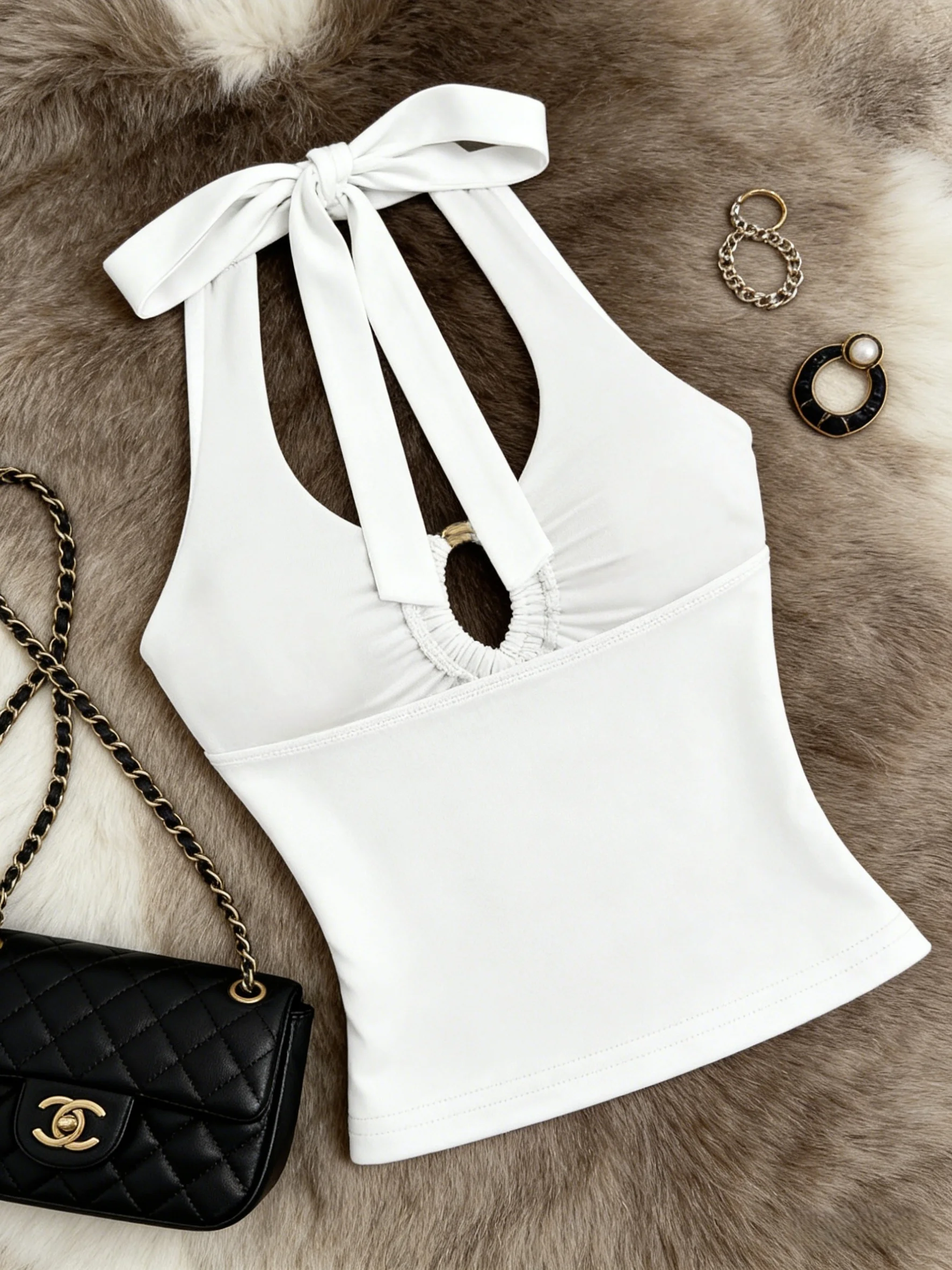 Women Halter Tie Back Cutout Metal Ring Front Ruched Sleeveless Crop Cami Top Solid White Slim Fit Summer Beach Tank Vest
